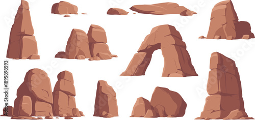 Desert rock formation illustration set with sandstone cliffs, arches, boulders, canyon stones, nature landscape elements isolated