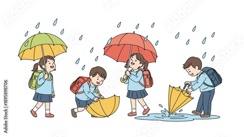 Group of four school children walking through the rain with colorful umbrellas while wearing their traditional uniforms.