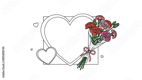 Heart shaped frame decorated with a beautiful bouquet of pink and red carnations for Mother's Day or romantic occasion greeting.