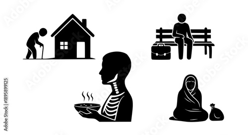 Humanitarian Aid and Social Welfare Icon Collection Featuring Poverty Relief Elderly Care and Homeless Support Symbols