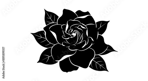 Elegant black and white silhouette graphic depicting a beautiful bouquet of fully bloomed roses and several tightly closed buds gathered together at the bottom for a classic floral design element