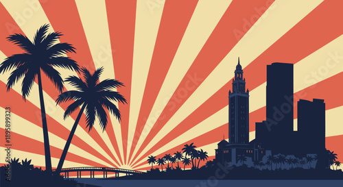 Retro Miami cityscape vector illustration with iconic skyline silhouettes against a vibrant sunburst backdrop, capturing a tropical travel vibe and art deco aesthetic