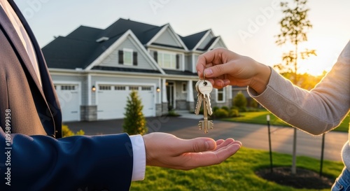 Real Estate Agent Handing House Keys To New Homeowner At Sunset With Luxury Home Background