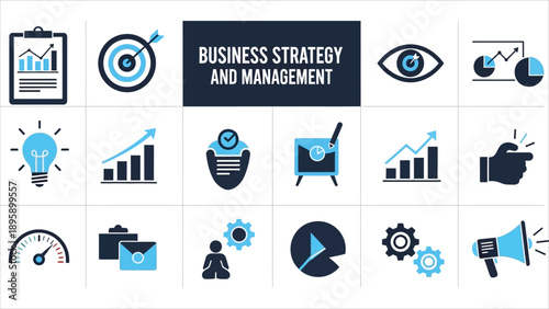 Business Strategy & Planning Solid Icon Set – Mission, Vision, Roadmap & Risk Management..eps