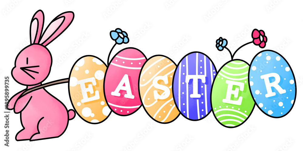 Fototapeta premium Cute Easter bunny pulling colorful eggs spelling Easter, festive holiday illustration.