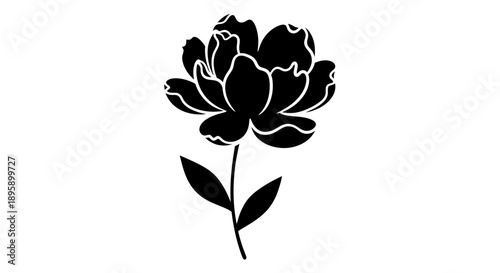 Striking black silhouette of a mature blooming flower with a distinct bud and visible root structure isolated against a stark white background for graphic design use