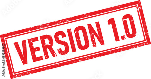 Distressed Red Version 1.0 Text Rubber Stamp Impression on White Background