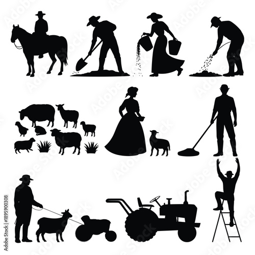 Vintage silhouettes depict various farming scenes and rural life activities