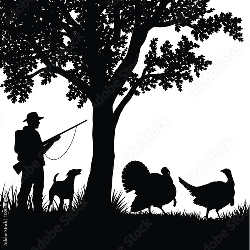 Silhouette of a hunter dog and turkeys beneath a tree