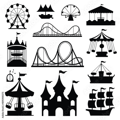 Amusement park rides and attractions depicted in a monochrome style