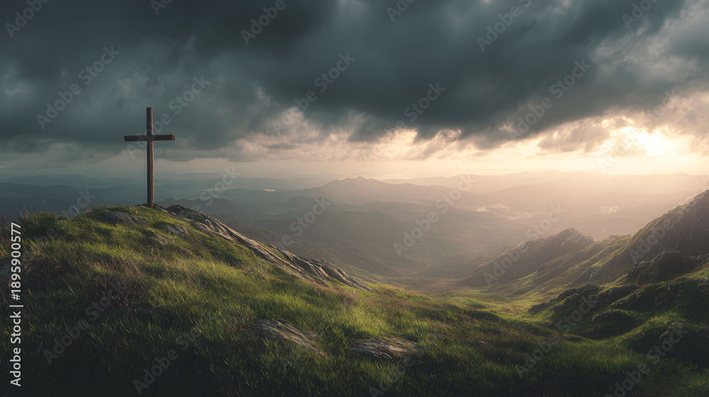 Obraz premium Good Friday background symbolizing hope, cross silhouette against early morning sunrise.