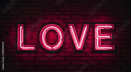 Pink Neon LOVE Sign on Brick Wall, Retro Romantic Glow, Urban Night Life Typography