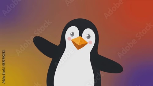 Cute Cartoon Penguin Waving Hello with Joyful Expression on a Colorful Gradient Background
