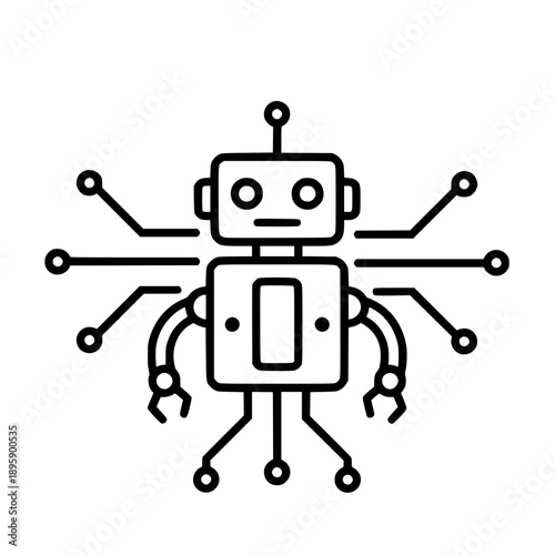 Artificial intelligence robot icon with digital circuit elements in minimalist line style