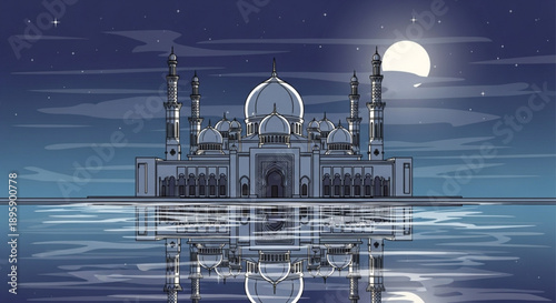 Majestic mosque reflected in calm water under a full moon and starry night sky Islamic architecture illustration for travel and cultural themes