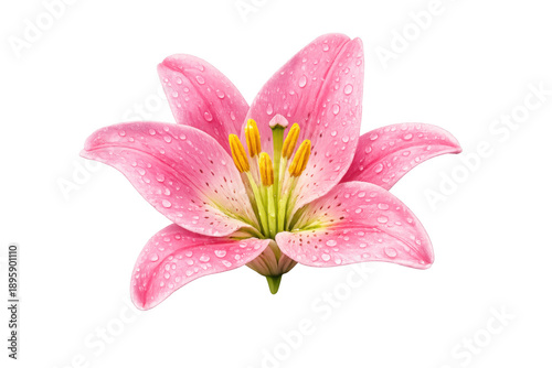 Pink lily blossom with fresh water drops on petals, beautiful floral botany illustration, transparent background