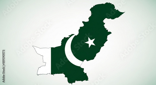 Map of Pakistan filled with national flag colors featuring the crescent moon and star emblem representing national identity and patriotism for graphic design