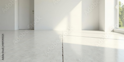 A subtle crack divides the light grey tile floor in a sunlit empty room with a white door and window