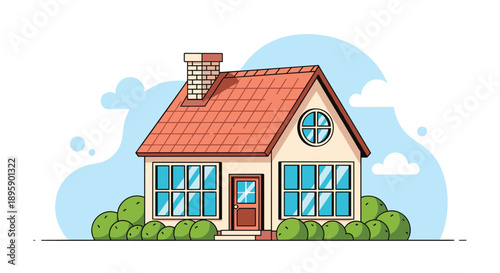 Charming small suburban house featuring a red tiled roof, chimney, and large windows surrounded by green bushes and clouds.