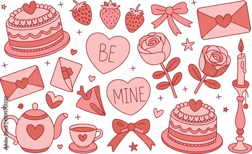 Valentines day illustrations with hearts cakes and roses isolated on transparent