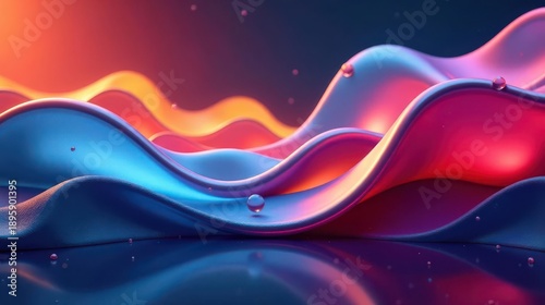 Abstract Colorful Liquid Waves with Glowing Spheres and Reflective Surface