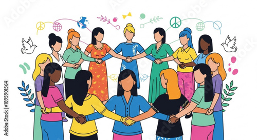 Diverse group of women holding hands in a circle symbolizing unity and global peace flat vector illustration for social causes and community concepts
