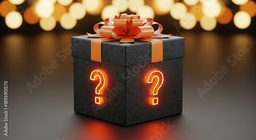 Mystery Surprise Gift Box with Orange Ribbon and Glowing Question Marks – Abstract Promotional Design.