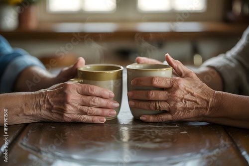 Senior couple holding hot coffee mugs together at kitchen table, hands with wedding ring, warmth and companionship concept