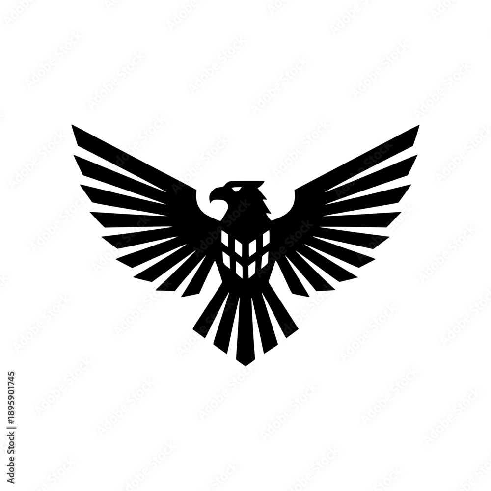Obraz premium Black eagle vector logo with wide spread wings in modern geometric style