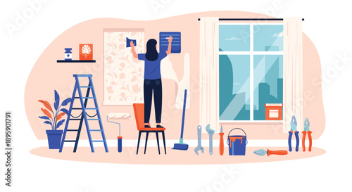 Interior renovation scene showing a person standing on a chair applying wallpaper next to various home improvement tools.