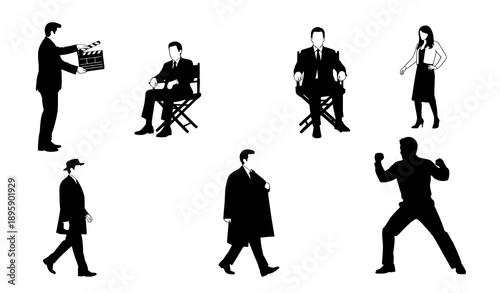 Generic actor silhouettes vector set with iconic film poses for entertainment and cinema