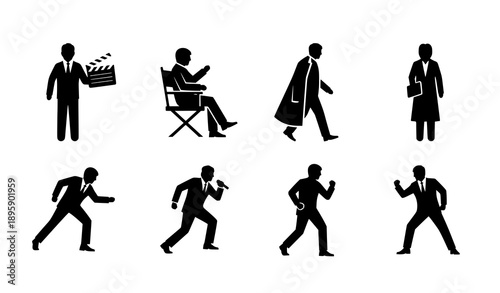 Minimal outline vector icons of generic actor silhouettes in iconic cinema poses