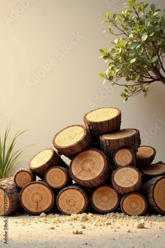 A stack of neatly arranged wooden logs rests on a light-colored surface, next to a small green plant, creating a rustic and tranquil scene.