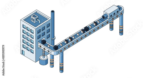 Isometric industrial factory building connected to a long elevated conveyor belt for automated product transport and logistics.