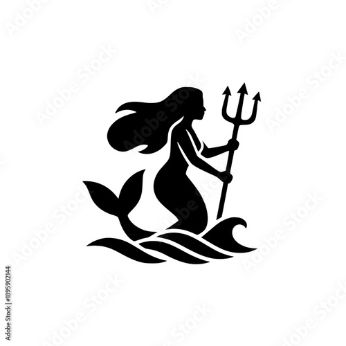 Mermaid silhouette holding a trident over sea waves.