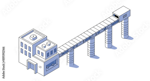 Modern isometric industrial facility or laboratory building connected to high storage silos via an enclosed conveyor bridge.