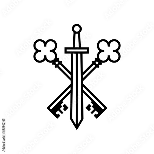 Minimalist vector illustration featuring a vertical sword combined with two crossed vintage keys.
