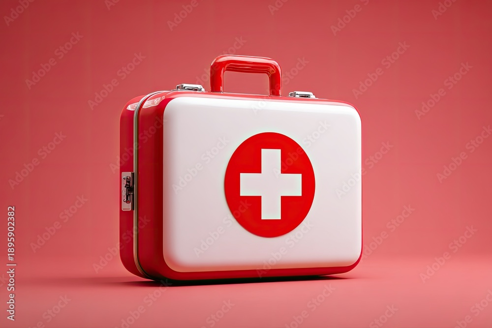 Obraz premium Glossy, red-and-white first aid kit, prominently featuring a red cross, isolated on a red background