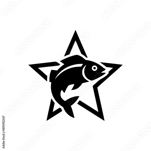 Minimalist abstract fish logo with star symbol background.