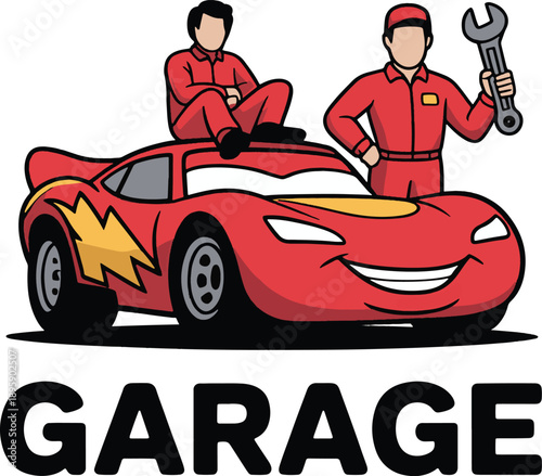 Car Garage Two Mechanics and Race Car for Garage Service Logo