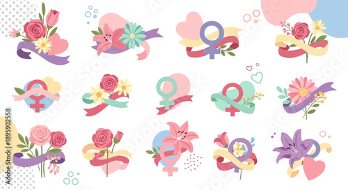 Colorful Floral Emblems and Ribbon Designs.