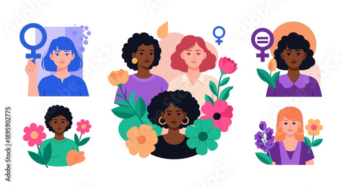 Diverse Women Faces with Flowers Female.