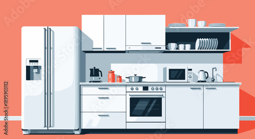 Clean and modern kitchen interior view against a vibrant orange wall featuring a large stainless steel refrigerator and various cooking appliances.