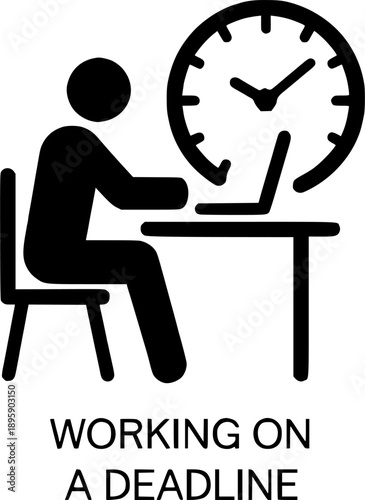 Working on Deadline Icon – Employee at Desk with Clock, Time Pressure and Productivity Line Vector Illustration