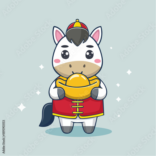 Adorable Chinese Zodiac horse illustration, dressed in traditional attire, presenting a golden sycee for wealth and prosperity during festive celebrations