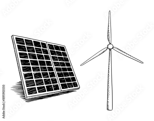 Hand Drawn Solar Panel and Wind Turbine Renewable Energy
