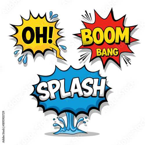 Comic book explosion speech bubbles, oh boom bang splash, for comic book, cartoon or cartoon-style illustrations, illustrations, overlays, effects isolated PNG with Transparent Background