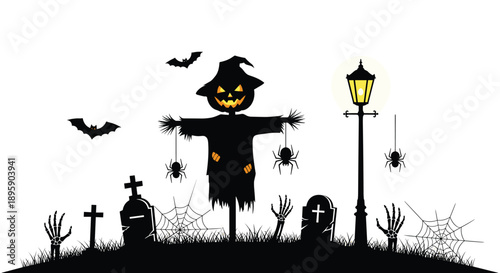 Spooky Halloween illustration featuring a jack-o-lantern scarecrow in a graveyard with bats, spiders, and skeleton hands.