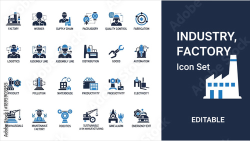 Industrial Production Solid Icons – AI in Manufacturing, Robotics, Supply Chain & Smart Factory..eps