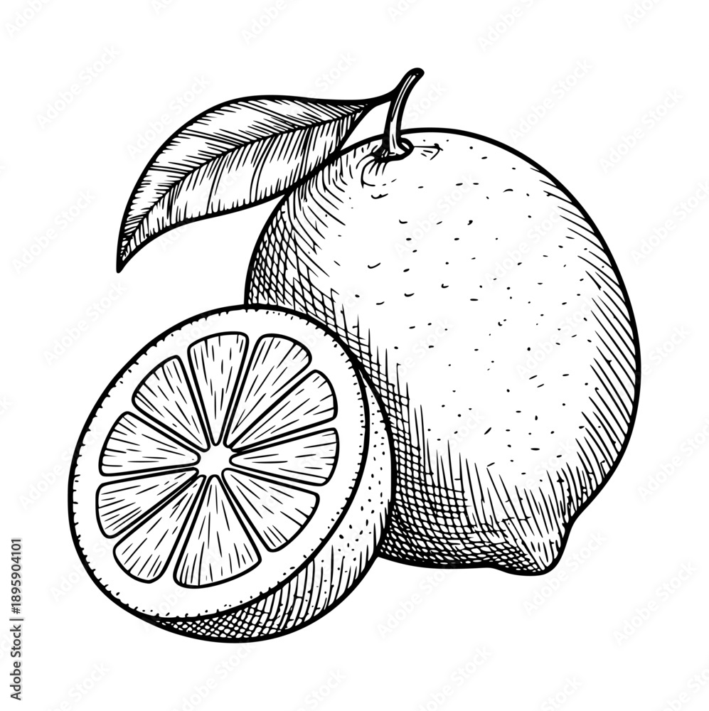 Obraz premium Vintage Style Black and White of a Whole Lemon and a Sliced Lemon with a Leaf citrus fruit